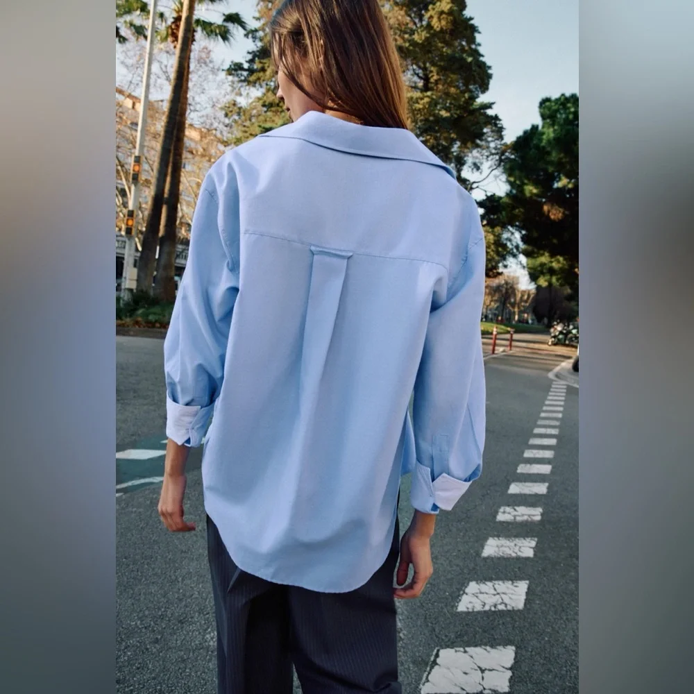 NWOT Zara Sky Blue Casual Button Down Shirt - Picture 10 of 13